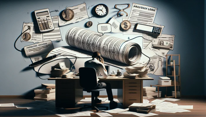 A distressed person at a cluttered desk, receiving numerous calls and letters from a lender, showing signs of stress.