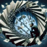 A man sits in a thinking pose at the center of a swirling vortex made of chains and floating dollar bills, symbolizing the consequences of missing a payday loan or struggling with payday loan payments and being trapped by financial concerns.