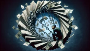 A man sits in a thinking pose at the center of a swirling vortex made of chains and floating dollar bills, symbolizing the consequences of missing a payday loan or struggling with payday loan payments and being trapped by financial concerns.