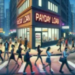A busy Texas city intersection at night, where neon "PAYDAY LOAN" signs glow on a corner building. Many pedestrians cross the street, absorbed in their phones—perhaps searching for ways to bridge financial gaps.