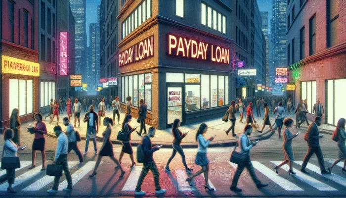 A busy Texas city intersection at night, where neon "PAYDAY LOAN" signs glow on a corner building. Many pedestrians cross the street, absorbed in their phones—perhaps searching for ways to bridge financial gaps.