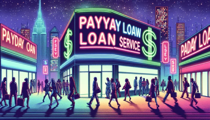 A busy US urban scene with neon signs for payday loans, people rushing in and out of modern stores.