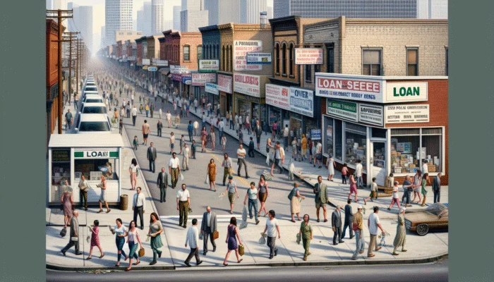 Diverse low-income families on a crowded urban street, showing relief and stress with payday loan office and signs of financial struggle.