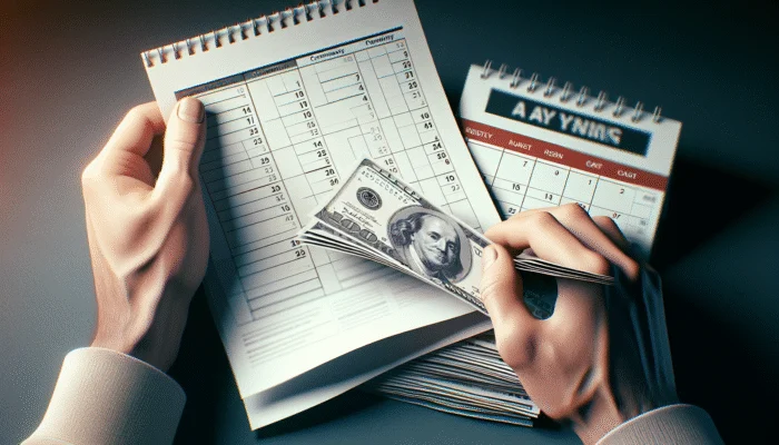 Hand holding paycheck, calendar showing two weeks, cash pile, symbolizing high-interest payday loan.