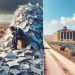 A man in a suit sits overwhelmed on a chair surrounded by piles of paperwork in a field with cows. Next to him, a rural dirt road leads to a large building with columns under a blue sky—he wishes he’d used loan comparison tools for smart borrowing.