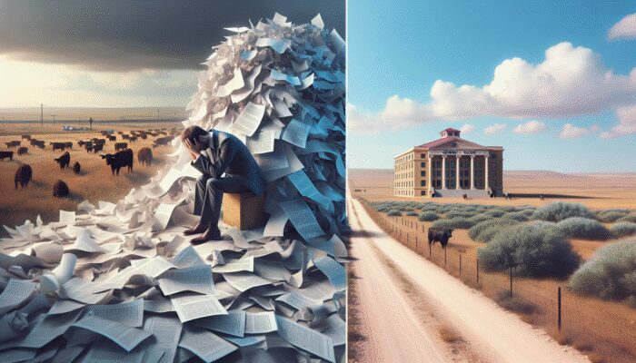 A man in a suit sits overwhelmed on a chair surrounded by piles of paperwork in a field with cows. Next to him, a rural dirt road leads to a large building with columns under a blue sky—he wishes he’d used loan comparison tools for smart borrowing.