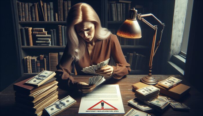 A distressed person counting money beside a payday loan contract with high fees in a cluttered office, symbolizing financial strain.