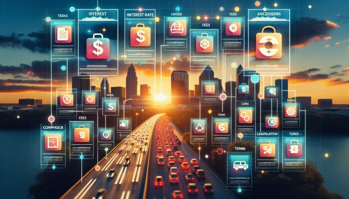 A digital chart comparing payday loan options from various lenders, with Texas skyline in background.