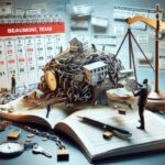 A desk with an open book, a calendar marked Beaumont, Texas, dollar bills, scales of justice, and miniature houses—symbolizing legal and financial issues in real estate—invites you to explore the Complete Guide to Beaumont Payday Loan options.