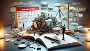 A desk with an open book, a calendar marked Beaumont, Texas, dollar bills, scales of justice, and miniature houses—symbolizing legal and financial issues in real estate—invites you to explore the Complete Guide to Beaumont Payday Loan options.