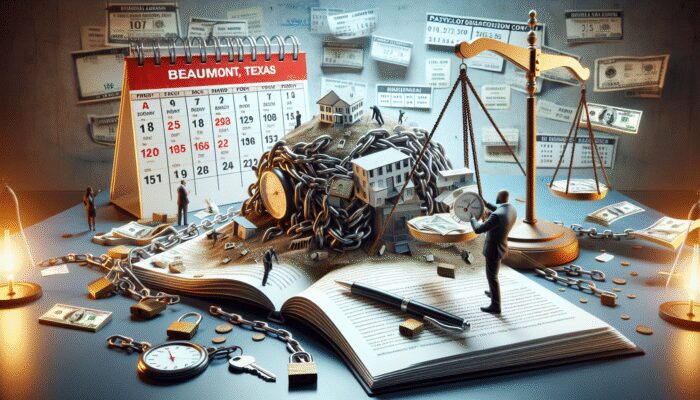A desk with an open book, a calendar marked Beaumont, Texas, dollar bills, scales of justice, and miniature houses—symbolizing legal and financial issues in real estate—invites you to explore the Complete Guide to Beaumont Payday Loan options.