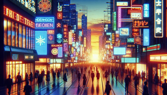 Beaumont cityscape at dusk with neon payday loan signs, busy streets, and a clock showing end of workday.