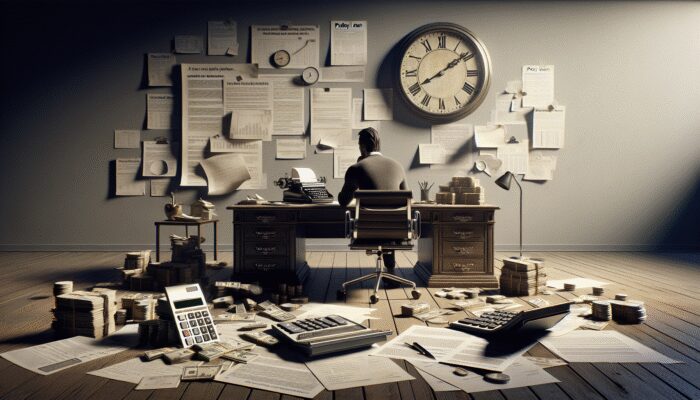 A person at a desk with financial documents, calculator, and clock, considering a payday loan with high interest and tight repayment terms.