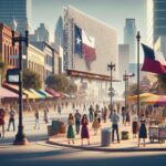 A busy city street scene with many people walking and gathering. Texas flags are visible on buildings and vendor stalls. A large digital billboard promotes payday loan strategies across Texas as skyscrapers rise in the background.