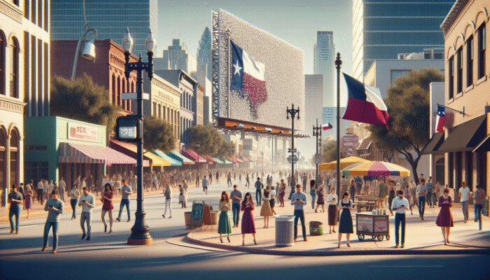 A busy city street scene with many people walking and gathering. Texas flags are visible on buildings and vendor stalls. A large digital billboard promotes payday loan strategies across Texas as skyscrapers rise in the background.