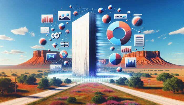 A Texas landscape with a billboard showing 'Payday Loan SEO Basics', surrounded by SEO icons and graphs.