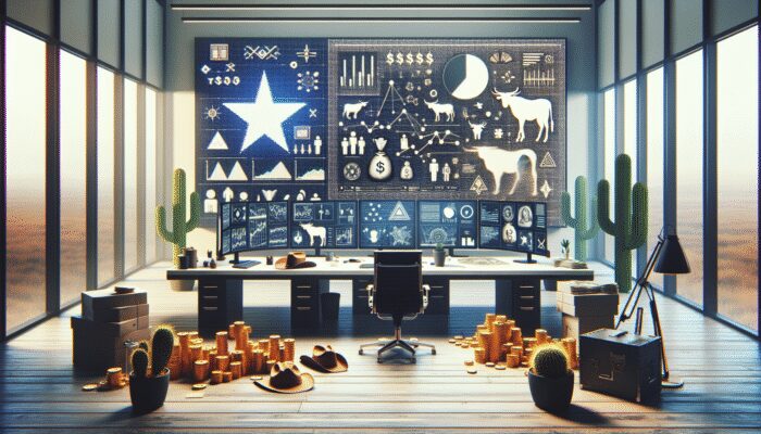 Modern office with SEO analytics on screen, Texas-themed decor like cowboy hats and cacti.