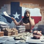 A woman wearing a hijab stands before a Texas flag, surrounded by stacks of paperwork, legal forms, cash, and payday loans documents. She appears stressed while holding sheets of paper amid small model buildings and a piggy bank.