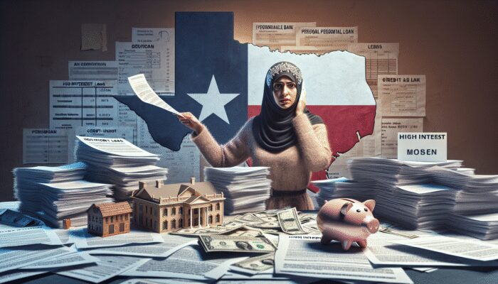 A woman wearing a hijab stands before a Texas flag, surrounded by stacks of paperwork, legal forms, cash, and payday loans documents. She appears stressed while holding sheets of paper amid small model buildings and a piggy bank.