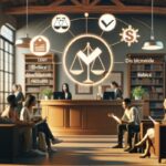 A group of people sits in a waiting area facing a reception desk in a modern law office, with legal symbols and text such as “Texas Payday Loans,” “Divleelastion,” and “Payday Loan Regulations” digitally overlaid above the desk.