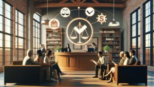 A group of people sits in a waiting area facing a reception desk in a modern law office, with legal symbols and text such as “Texas Payday Loans,” “Divleelastion,” and “Payday Loan Regulations” digitally overlaid above the desk.