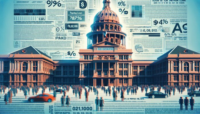 Infographic on Texas Payday Loan disclosures with legal documents, rates, and consumer rights at the Texas capitol.