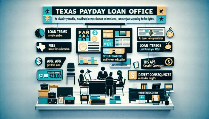Texas payday loan office signage showing loan terms, fees, APR, default consequences, and cancellation rights clearly.