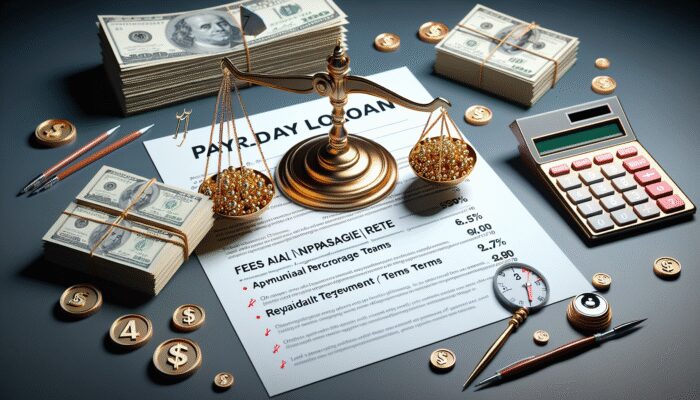 Infographic on payday loan disclosures with sections on fees, APR, repayment terms, and legal rights.