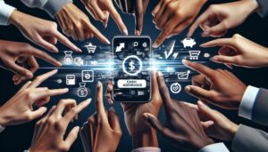 Multiple hands reach towards a smartphone displaying a dollar sign and the words "CASH ADVANCE," surrounded by digital finance icons, highlighting popular options like Payday Loans and Cash Advance Apps Texas on a dark background.