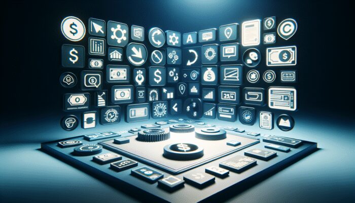 Icons of cash advance apps on a sleek, modern digital interface with soft blue lighting on a dark background.