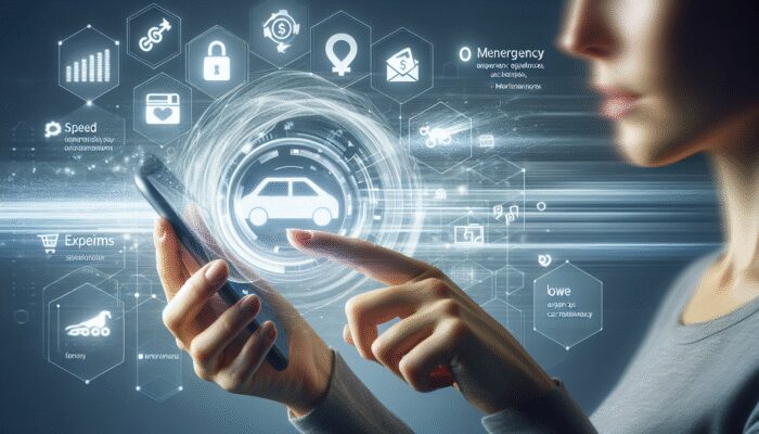 Person using smartphone app to quickly access funds, with icons for speed, low fees, and emergency expenses like car repairs and medical bills, on a backdrop of financial transparency.