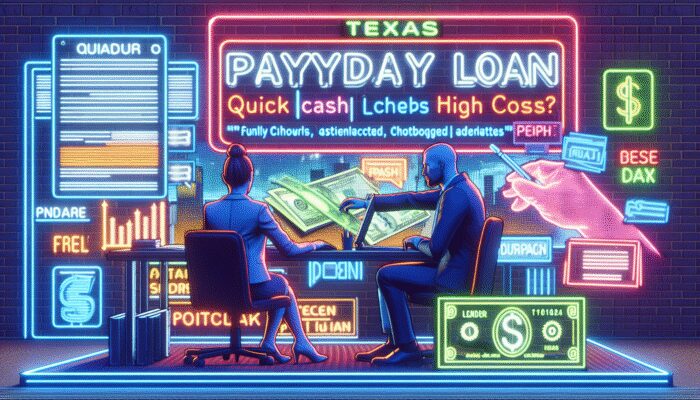 A Texas payday loan office with neon sign, customer giving post-dated check, lender at computer, quick cash and high fee signs.