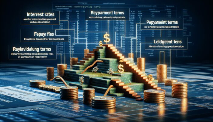 Diagram showing payday loan structure with interest rates, terms, and fees, on financial documents background.