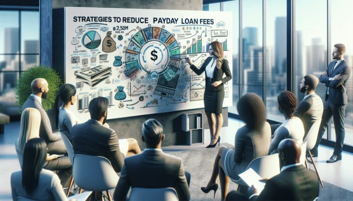 Financial expert explaining payday loan fee reduction strategies on a whiteboard to an engaged audience in a modern office.