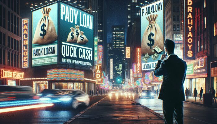 A night city street with bright payday loan billboards; a person reads the fine print, showing deceptive marketing.