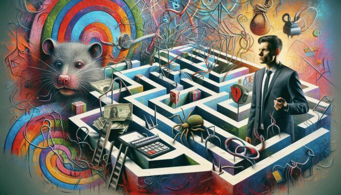 A consumer navigating a maze of payday loan ads with deceptive phrases like "easy approval" and hidden financial traps.