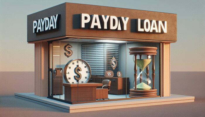 Texas payday loan office with signage on rates, terms, fees, and a clock for cooling-off period.
