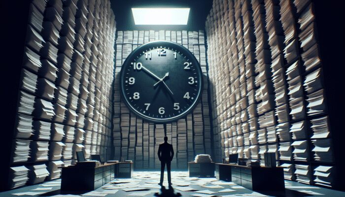 Person overwhelmed by bills and financial documents in a cramped office, with a clock showing high interest rates and fees.