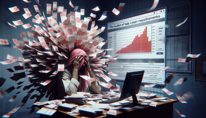 A distressed person overwhelmed by bills and red notices at a cluttered desk, with a falling credit score graph on a computer screen.