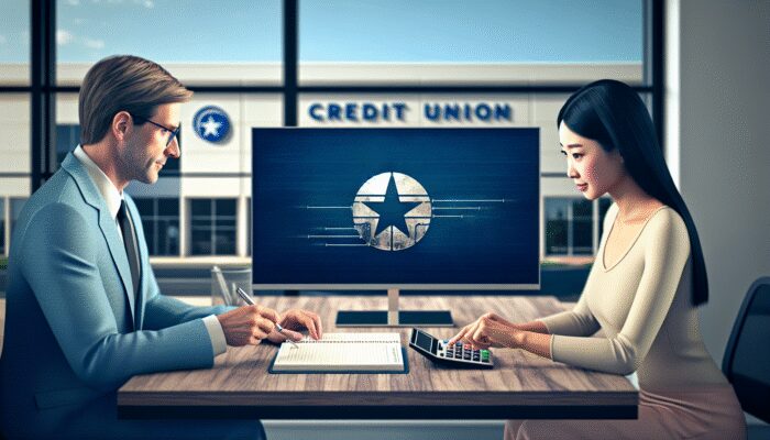 Person in Texas budgeting at desk, consulting financial counselor via video call, credit union sign in background.