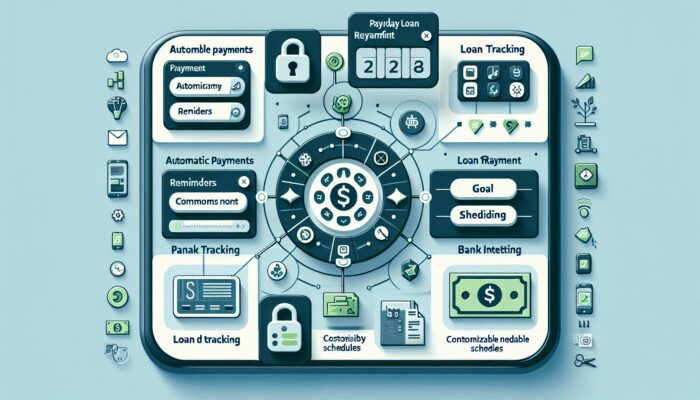 User-friendly app interface for payday loan repayment tools, featuring icons for automatic payments, reminders, budgeting, loan tracking, customizable schedules, goal setting, and bank integration.