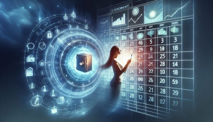 A single mother using a smartphone app to manage payday loans, showing a calendar and budget charts.