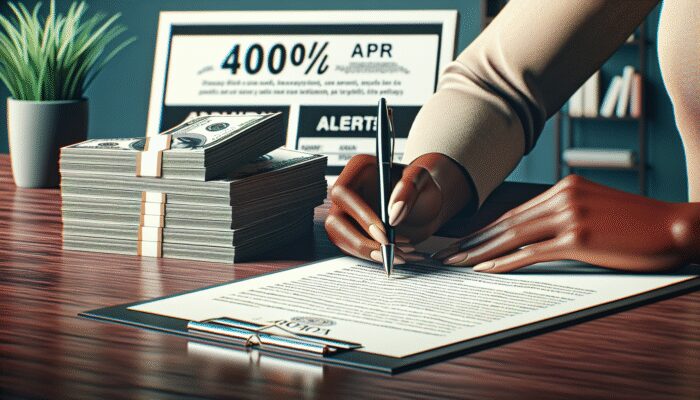 Hand signing payday loan contract, $1,000 cash, 400% APR warning sign in modern office.
