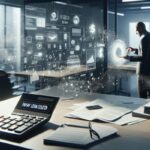 A modern office with a desk holding documents, a payday loan cost calculator labeled "BANK LOAN COASTER," and a laptop. In the background, a person interacts with a digital screen displaying financial data and graphs.