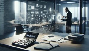 A modern office with a desk holding documents, a payday loan cost calculator labeled "BANK LOAN COASTER," and a laptop. In the background, a person interacts with a digital screen displaying financial data and graphs.