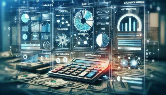 A digital interface of a payday loan cost calculator showing principal, interest rates, fees, and financial impact graphs.