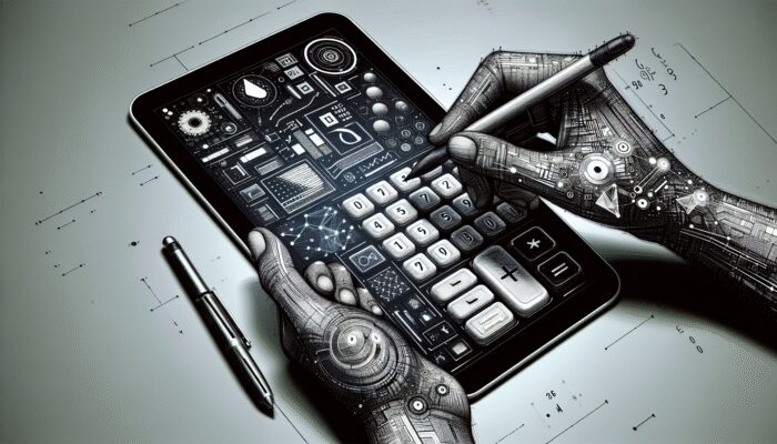 A hand using a stylus to enter data into a modern calculator on a touchscreen, with a guide in the background.