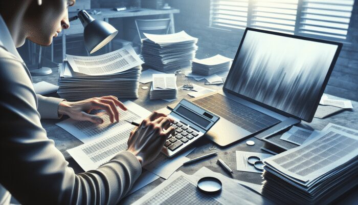 Person calculating payday loan costs with calculator, documents, and laptop in home office.