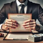 A person in a suit sits at a desk holding a signed contract. Nearby are a gavel, clipboard, and stack of hundred-dollar bills, suggesting a legal or business context related to US payday loans or no employment loans.