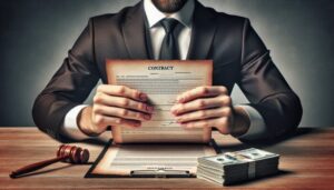 A person in a suit sits at a desk holding a signed contract. Nearby are a gavel, clipboard, and stack of hundred-dollar bills, suggesting a legal or business context related to US payday loans or no employment loans.